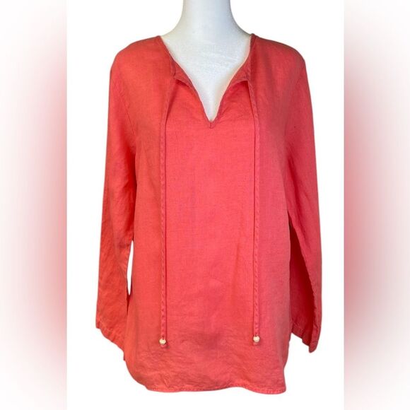 Talbots Coral Long Sleeve 100% Irish Linen Top Size L - Picture 1 of 8
